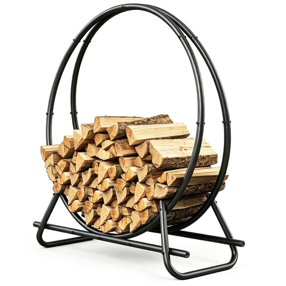 Outdoor Firewood Circle Rack, 40 Inch Metal Pipe Ring Firewood Holder, Sturdy & Durable for Indoor/Outdoor Use, Space-Saving for Fireplace, Campfire, Backyard or Garage, Black