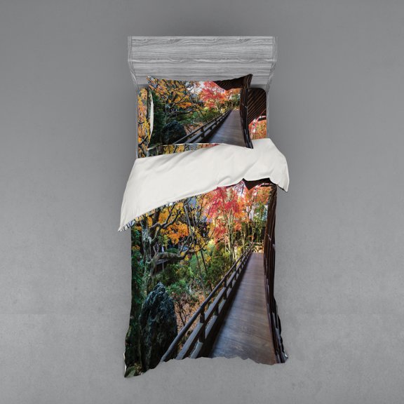 Ambesonne Japanese Bedding Set 3 Pcs, Wooden Balcony View, Twin, Green Brown