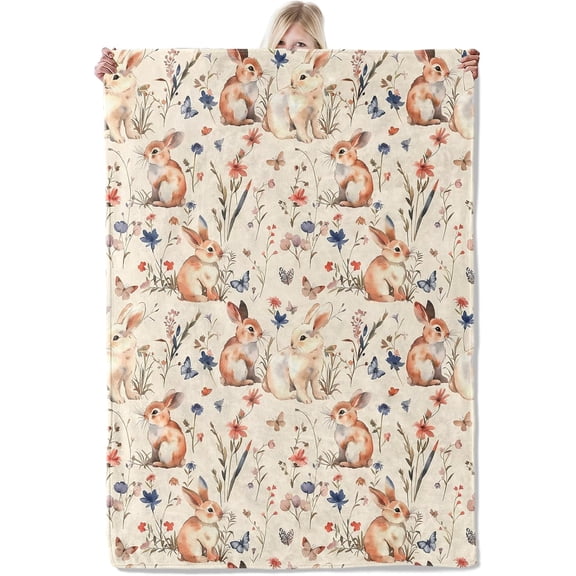 Floral Bunny Flannel Blanket 50x60in, with Cute Rabbits, Butterflies & Wildflowers, Soft Lightweight Animal Throw for Girls, Couch, Spring Decor, Gifts Blankets