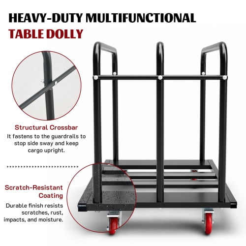 1000LBS Heavy Duty 2-in-1 Table Dolly, Adjustable Furniture Mover Cart with Multi-Slot & Flatbed Modes, 360° Swivel PU Wheels, Dual Brakes – For Drywall, Plywood, Equipment