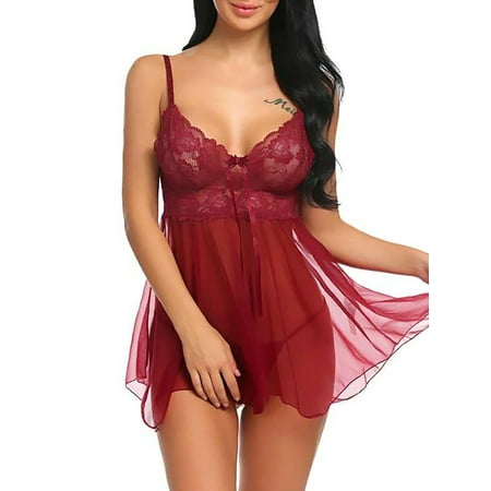 

JustVH Women Lace Floral Bow Sexy Babydoll Lingerie Nightdress With Thong