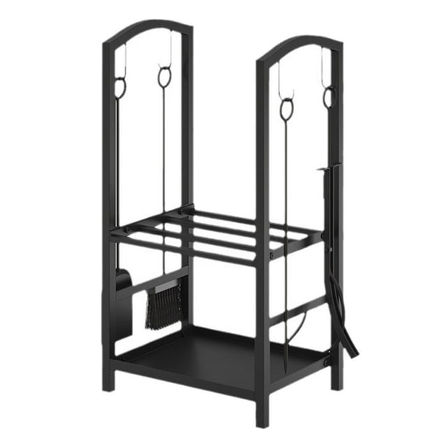 Estante para leña, apilador de leña de 2 niveles, soporte de leña de metal con 4 herramientas para chimenea, para terraza y patio.