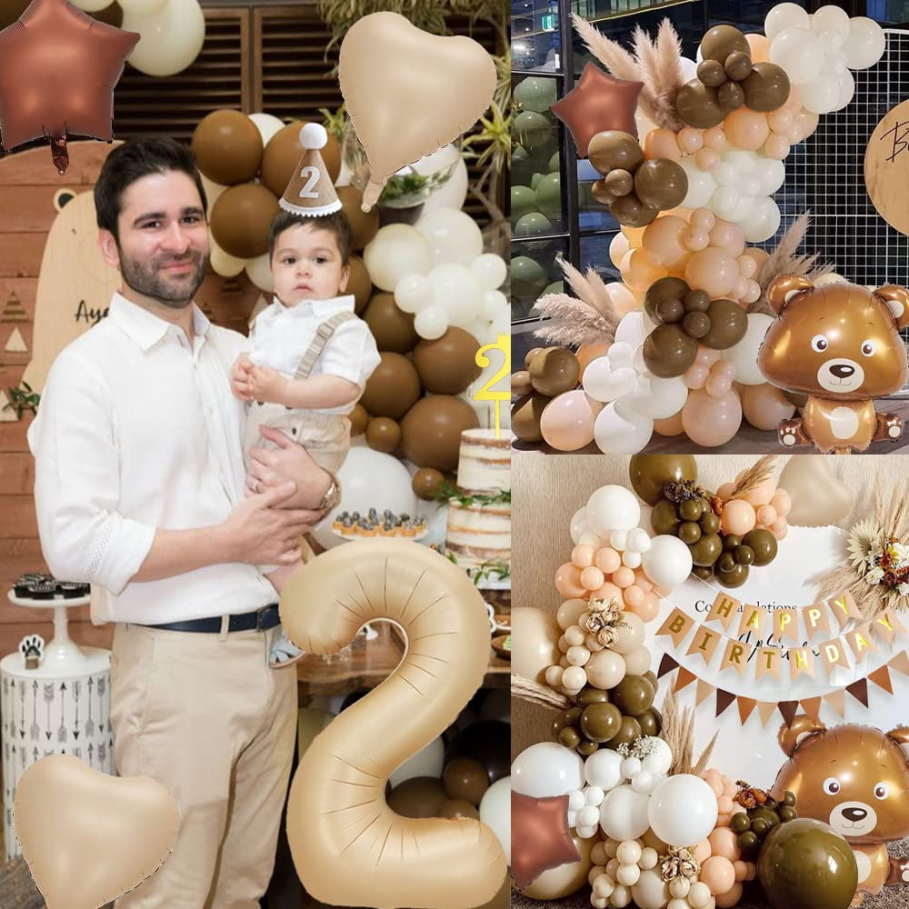 YANSION 2nd Birthday Decorations, Boho Birthday Decoration, Bear Theme Party Decoration with Giant Bear Foil Balloon,  Number 2 Balloon, Beige Coffee Balloon for Boys Girls Baby 2 Year Old Birthday