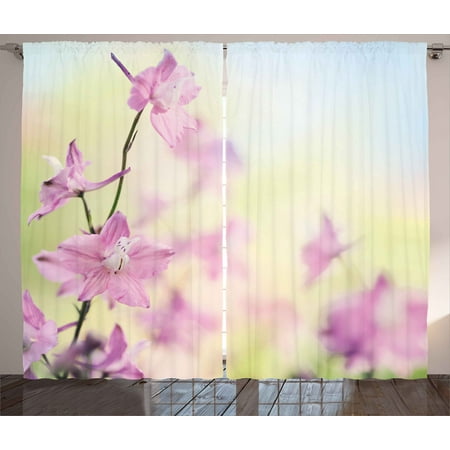 Floral Curtains 2 Panels Set Larkspur Petals With Bokeh Backdrop