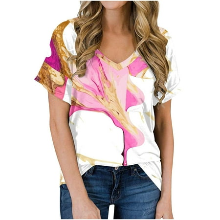 

kcdigr Summer Tops for Women Casual Marble Short Sleeve V Neck T Shirts Scrub Tops Women