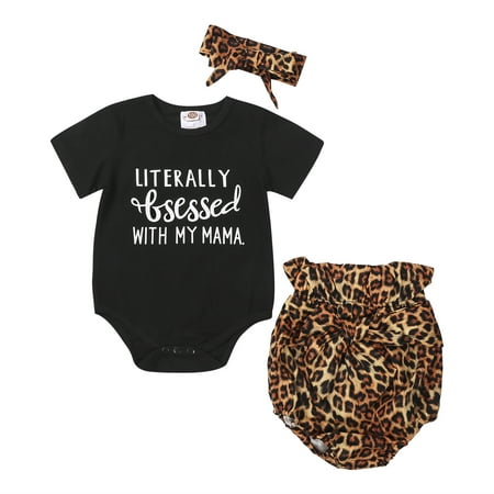

Baby Girls Clothes Set Letter Print Jumpsuit Leopard Prints Shorts Bow-knot Headband
