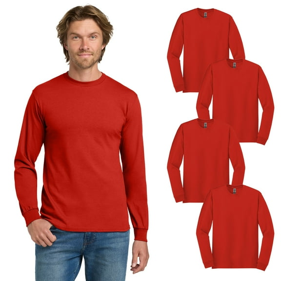 Gildan Men’s Long Sleeve Crewneck T-Shirt, Heavy Cotton, Bulk Classic Fit Solid Red Tee, 4-Pack, S