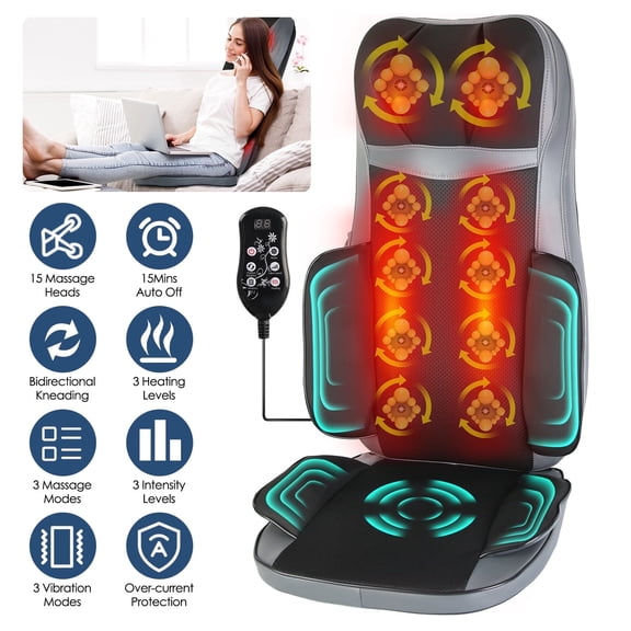 TeqHome Shiatsu Neck and Back Massager with Heat 3D Kneading Back Massager for Chair 3 Heating Levels 3 Modes Massage Chair Pad Full Body Relaxation Home Office Use