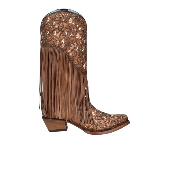 Corral Boots Womens Caracas Fringe Glitter Tooled Inlay Snip Toe Cowboy  Mi