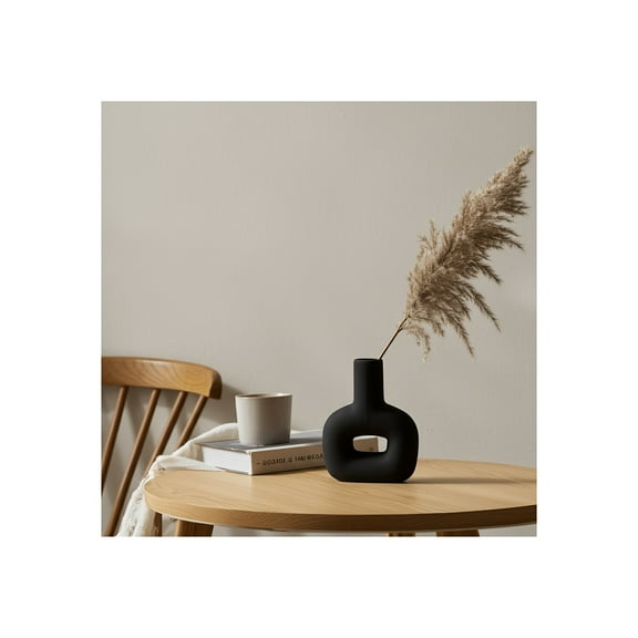 Modern Black Stoneware Vase - Matte Dolomite Decorative Accent for Home, Office & Living Room - Contemporary Minimalist Design - 8" Tall, Black