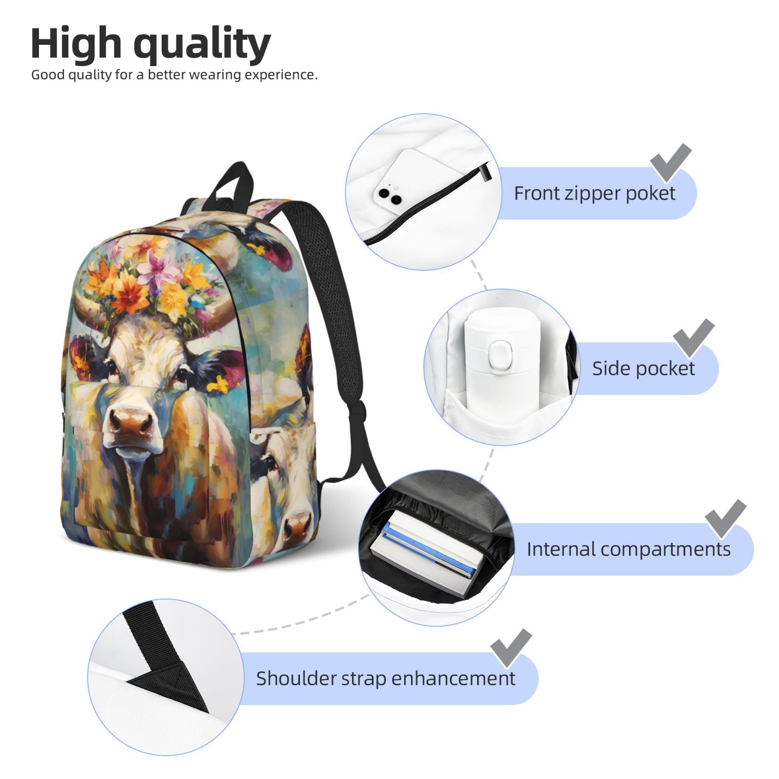 Picia Oil Painting Flower Cow Printed Canvas Daypack - Stylish and Durable Vintage Compact Backpack - Class, Work, Travel, or Laptop Bookbag,Organized Compartments-Small
