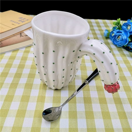 

Ceramic Mug with Cactus Appearance Modern Art Design Irregular Cup with Spoon Enclosed for Home Office 430ML New - White