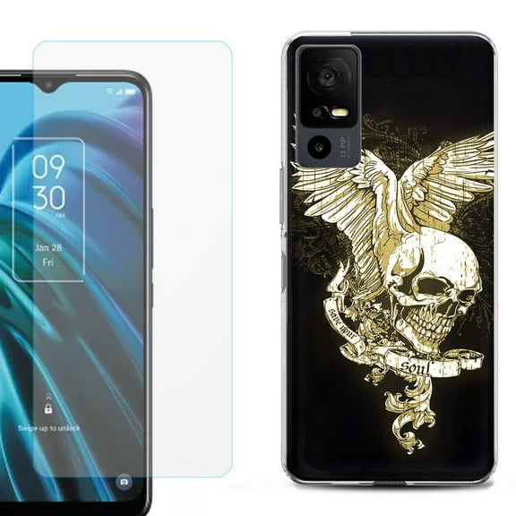 OneToughShield ® for TCL 40 XE 5G Shockproof Fashion Phone Case, with Tempered Glass Screen Protector - Wing Skull