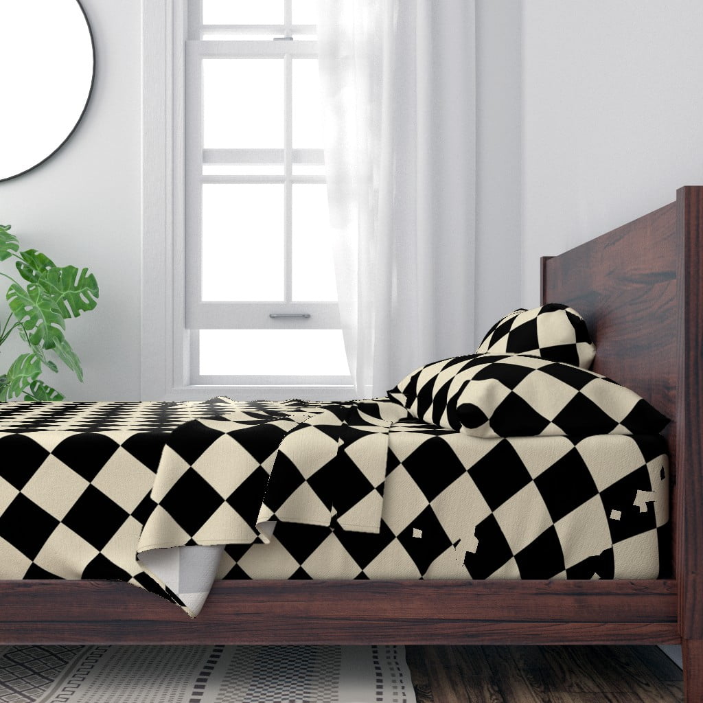 100 Cotton Sheets, King 4pc Set Check Checkered Cream Black