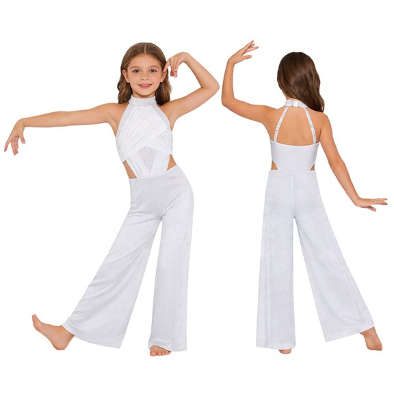 iiniim Girls Ballet Lyrical Dance Bodysuit Ruched Mesh Figure Skating Leotard Ballroom Dancewear Jumpsuit White 6