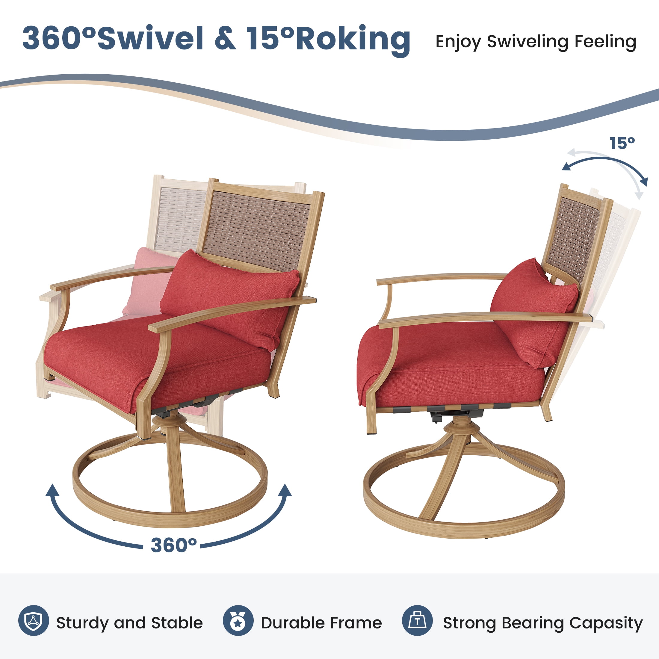 Poteban Patio Swivel Chairs Set of 2, Outdoor Dining Chairs with Deep Seat Cushion, All Weather Swivel Rocker Chairs with Hand-Painted Metal Frame, for Backyard Deck Lawn (Red)