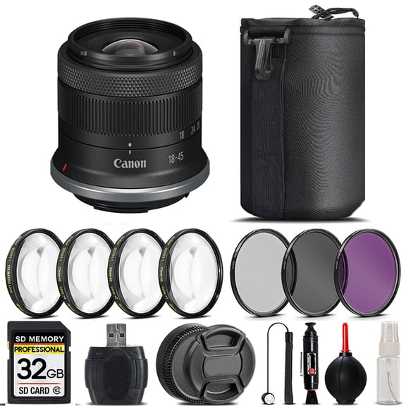 Canon RF-S 18-45mm f/4.5-6.3 IS STM Lens   4PC Macro Kit   UV, CPL, FLD Filter - 32GB Kit (International Version)