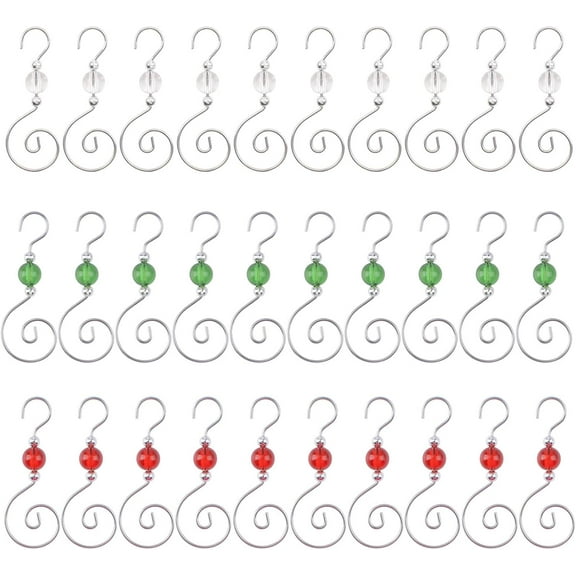 30 Pcs Silver S-Shaped Christmas Ornament Tree Hanger Hooks Metal Decoration Hooks with Clear Round Crystal Beads for Party, Home Decor (3-Color Bead)