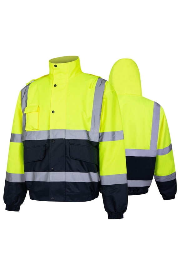 Hi-Vis Safety Hoodie Jacket for Men w/Navy Blue Bottom in Cold Weather