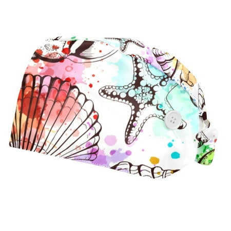 

2PCS Working Cap with Buttons and Sweatband Adjustable Tie Back Hats Bouffant Caps Starfish Scrub Turban Hat