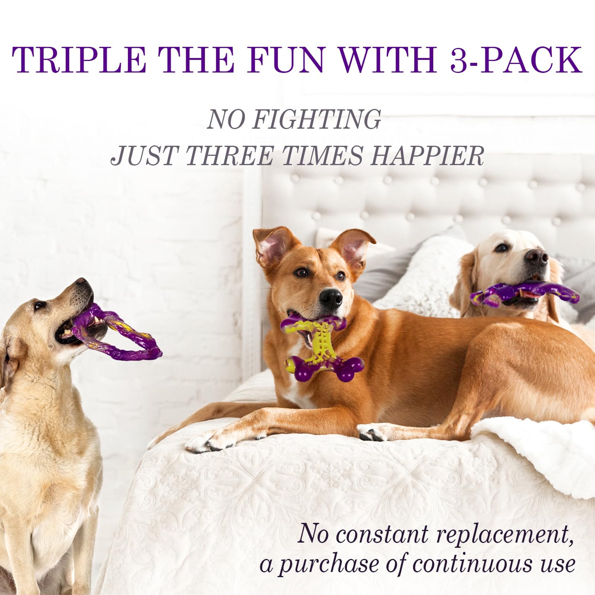 Indestructible dog toys for aggressive chewers, tough chew toys for large dogs 15-100lbs, durable nylon dog bones 3 pack, keeps dogs busy, purple