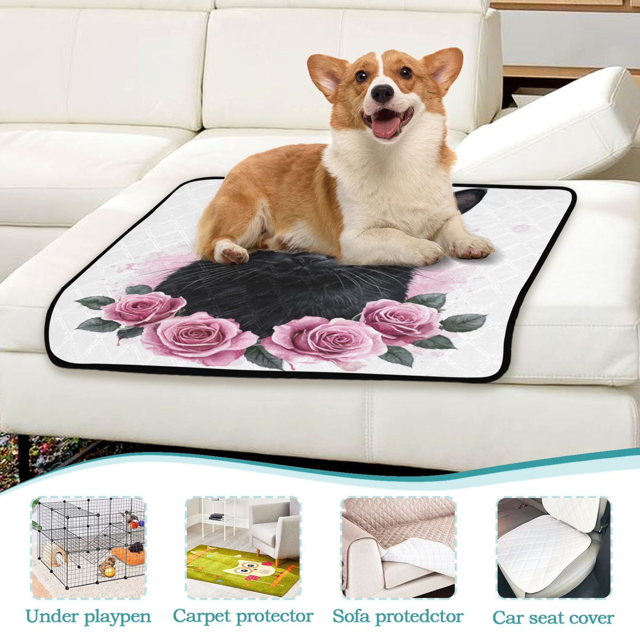 Qxltty Black Cat with Pink Roses Cat litter Pads Pet Set of 3 Diaper Mats Center Anti-leakage Layer Absorbent Soft and Comfortable