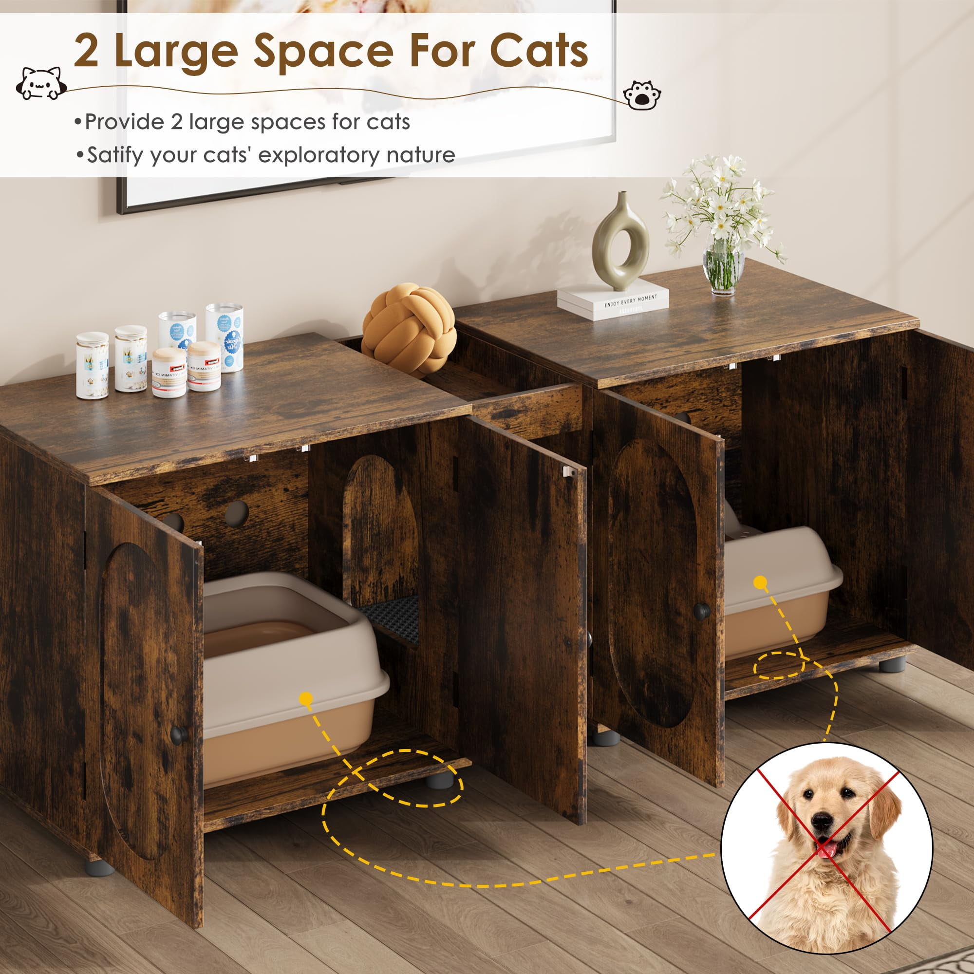 TROPOW Cat Litter Box Enclosure 55.1" Double Litter Box Furniture Large Cat Box Enclosure Kitty Litter Box for 2 Cats Hidden Cat Litter Cabinet Double Cage with Cat Litter pad Rattan Door,Retro