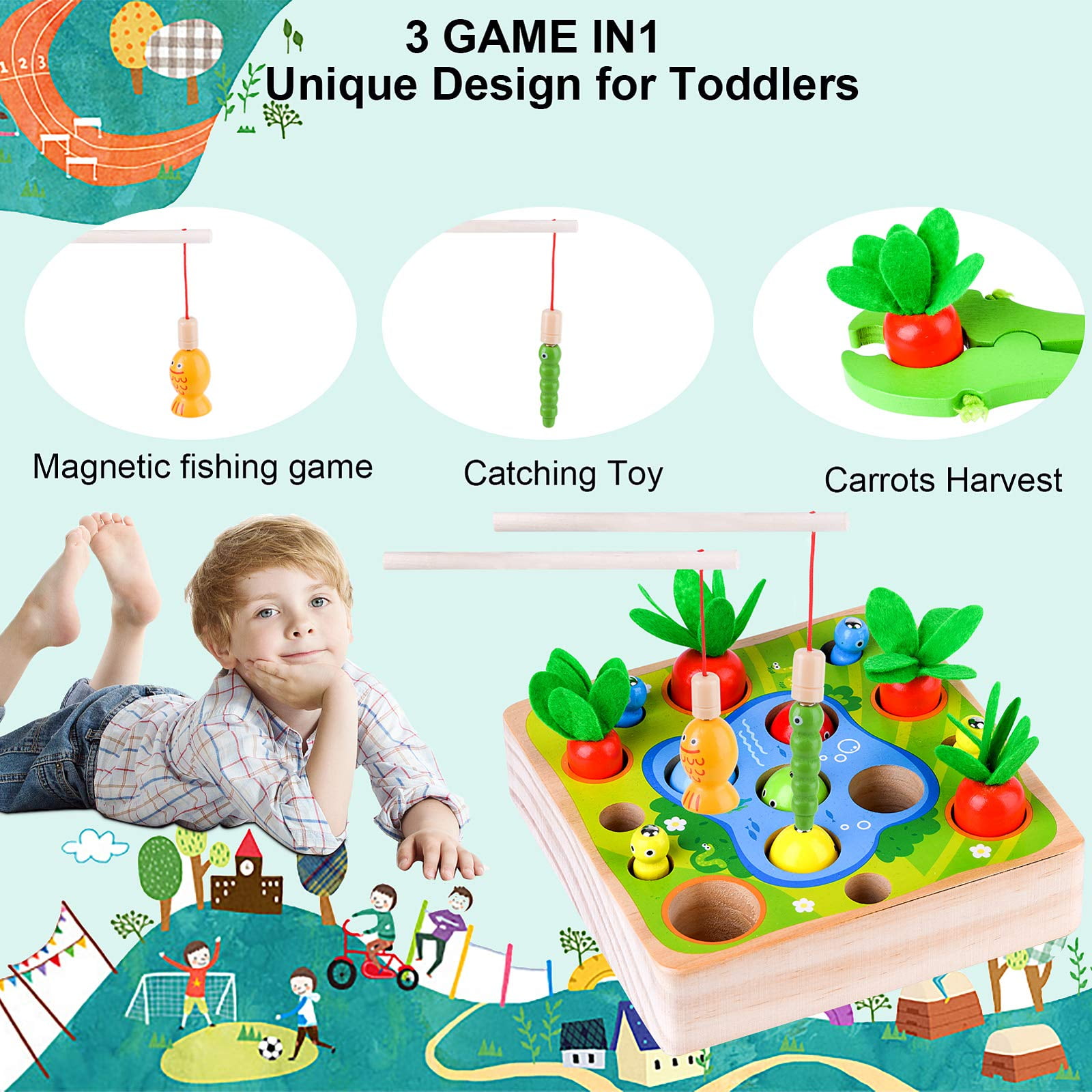 Montessori Mama 4-in-1 Wooden Educational Toy Box - Object Permanence Ball  Drop, Carrot Harvest Game, Color Match Stick Drop, Coin Box - 29