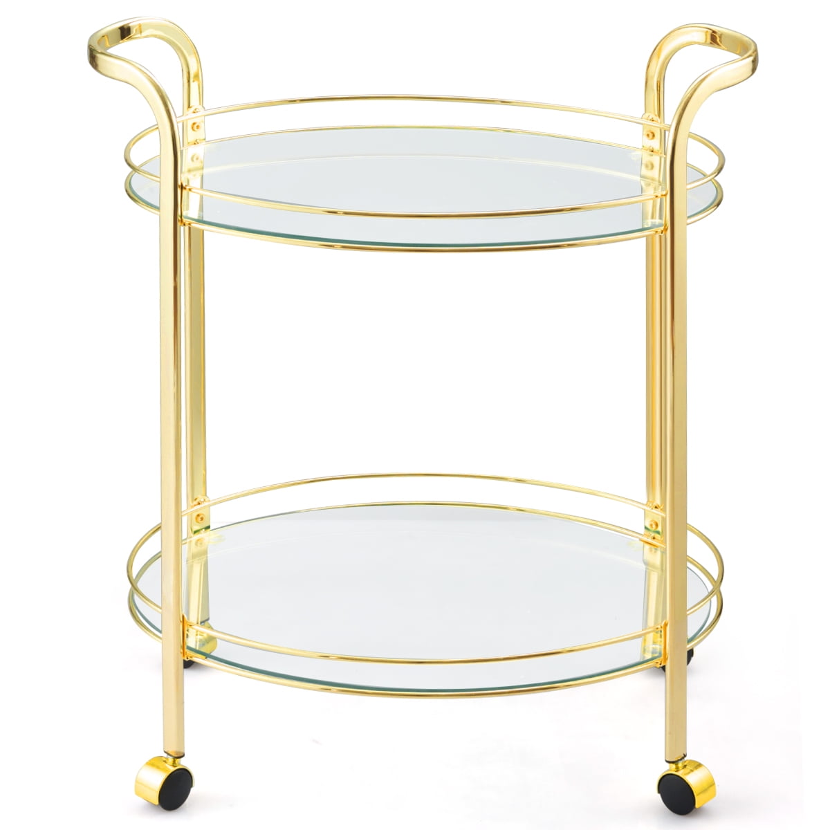 2Tier Serving Cart Kitchen Bar Wine Cart w/Glass Shelves&Wheel Golden
