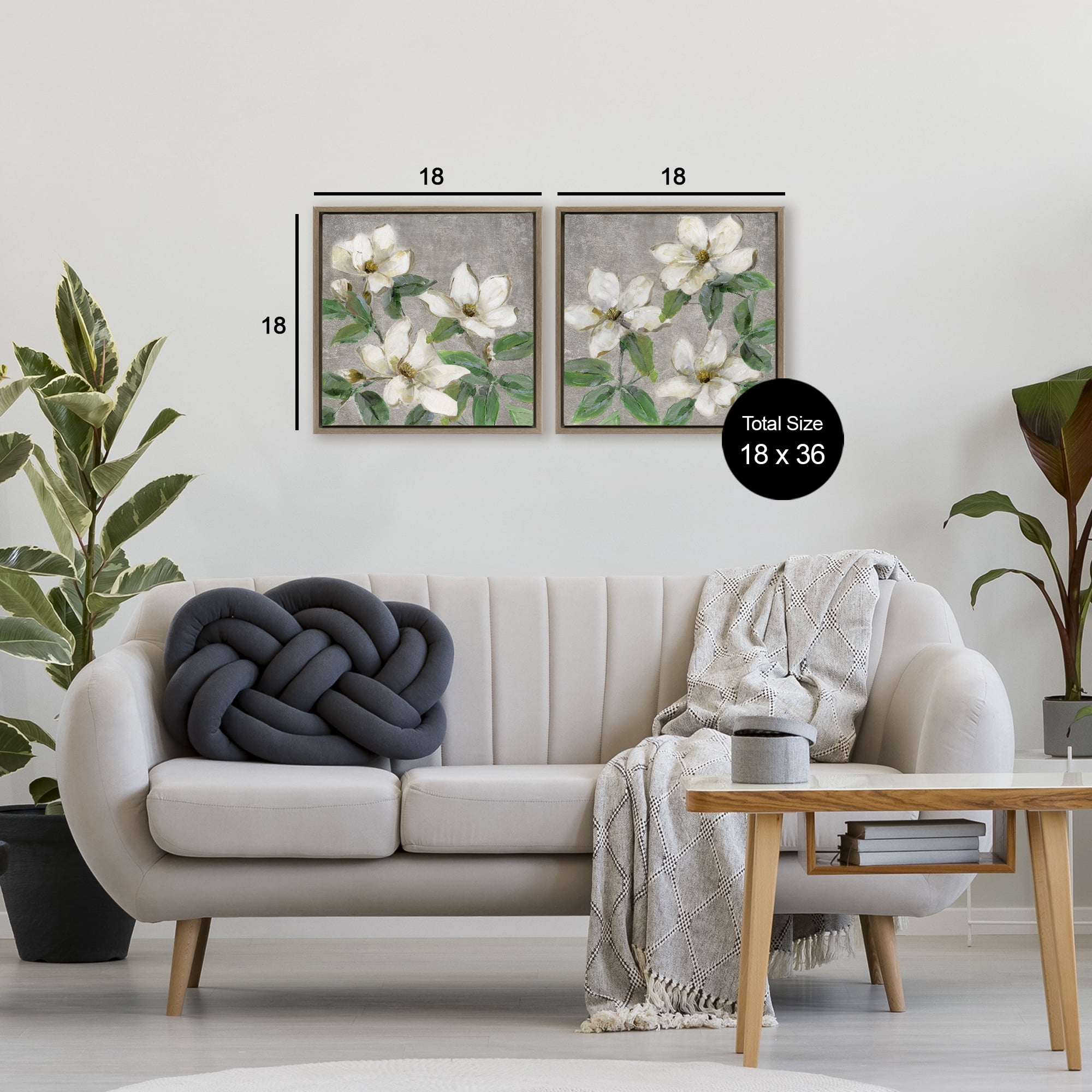 Stupell Industries Blooming Ivory Magnolias 2 Piece Brown Framed Floater Canvas Set, design by Sally Swatland