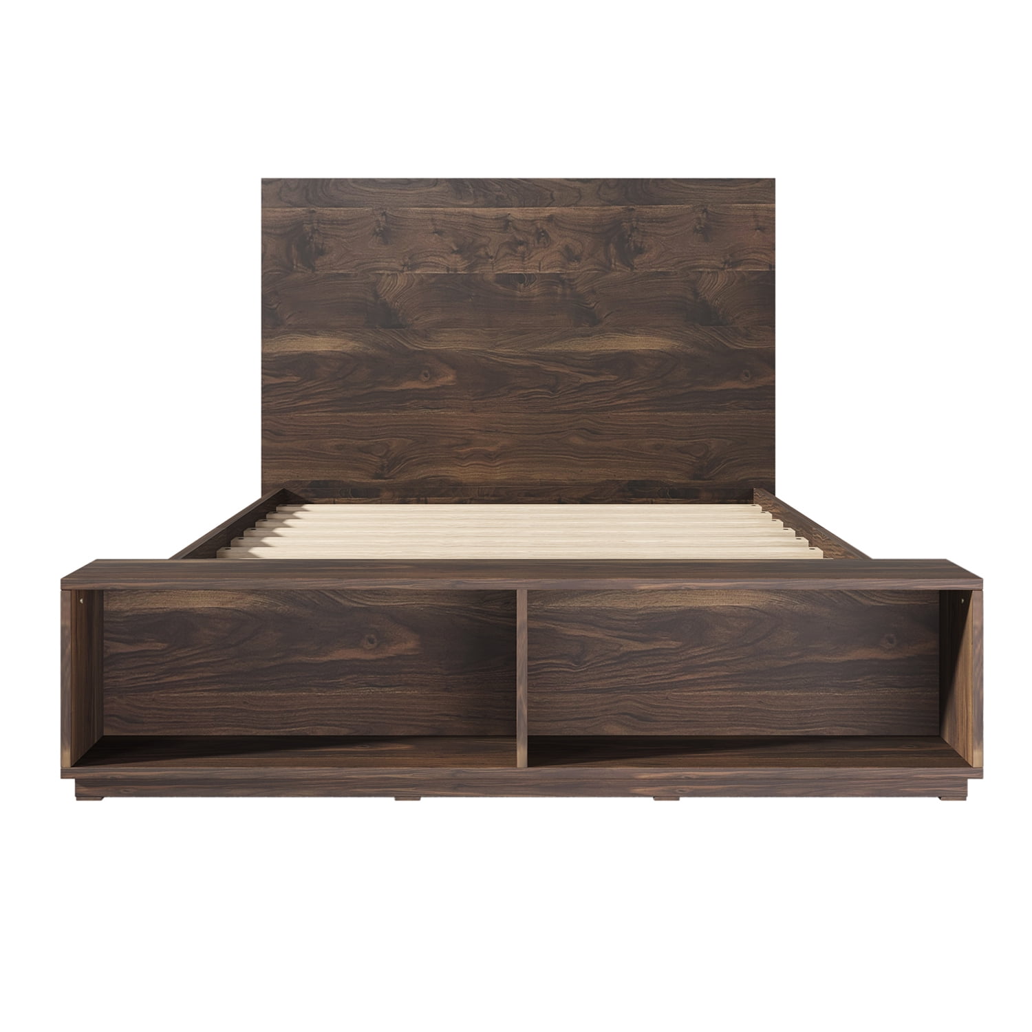 Kadyn Queen Size Wood Platform Bed, Wood Storage Queen Bed with Storage Bench in Walnut, Modern MDF Farmhouse bedstead for bedroom, Walnut Kadyn Queen Size Wood Platform Bed, Wood Storage Queen Bed with Storage Bench in Walnut, Modern MDF Farmhouse bedstead for bedroom, Walnut