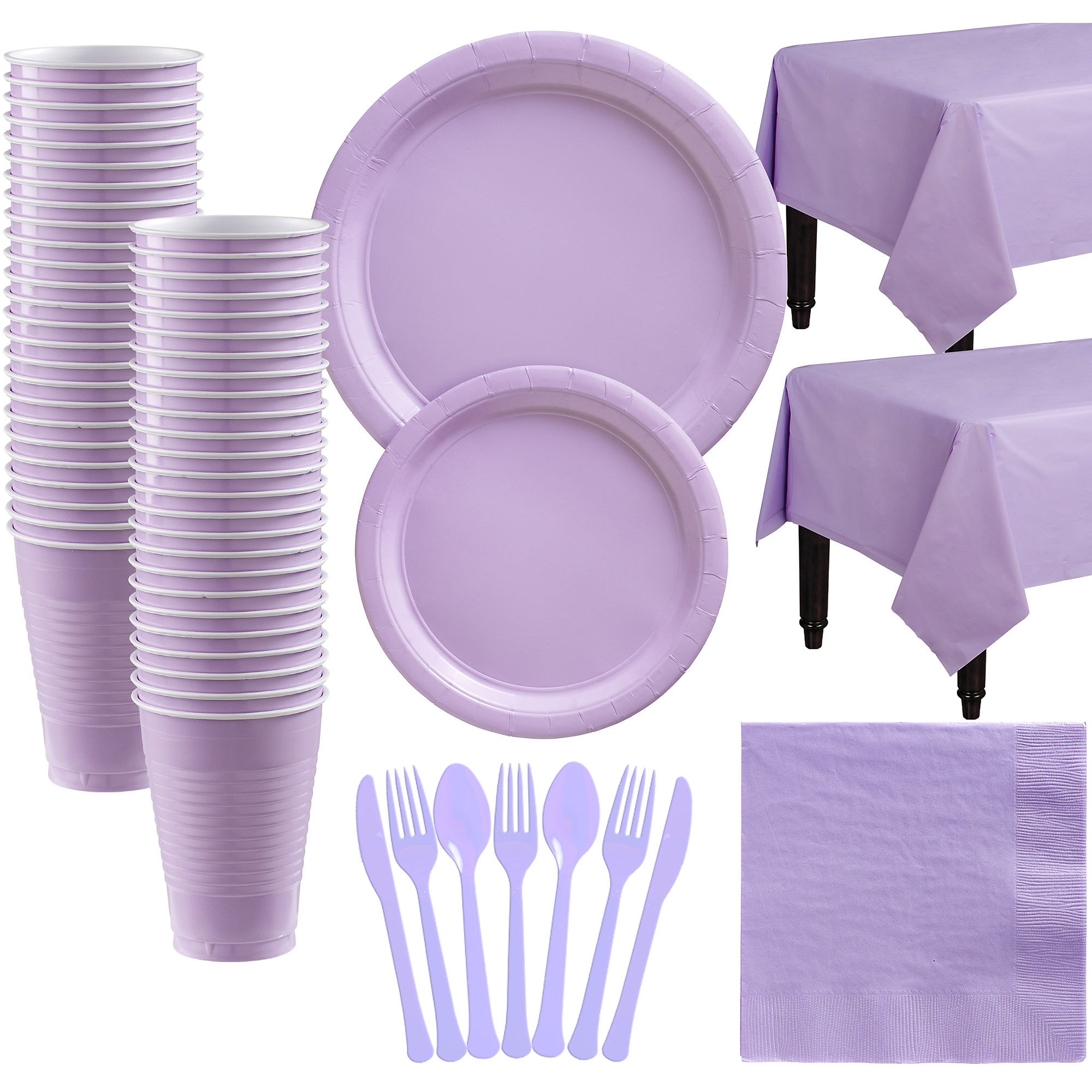 Lavender Paper Tableware Supplies for 50 Guests, Includes Table Covers