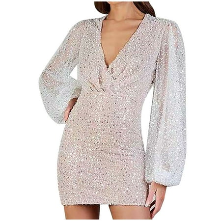 

jsaierl Sequin Dress for Women Mesh Lantern Sleeve Mini Dress Sexy V-Neck Bodycon Cocktail Evening Party Prom Dress Club Date Night Sparkly Dress