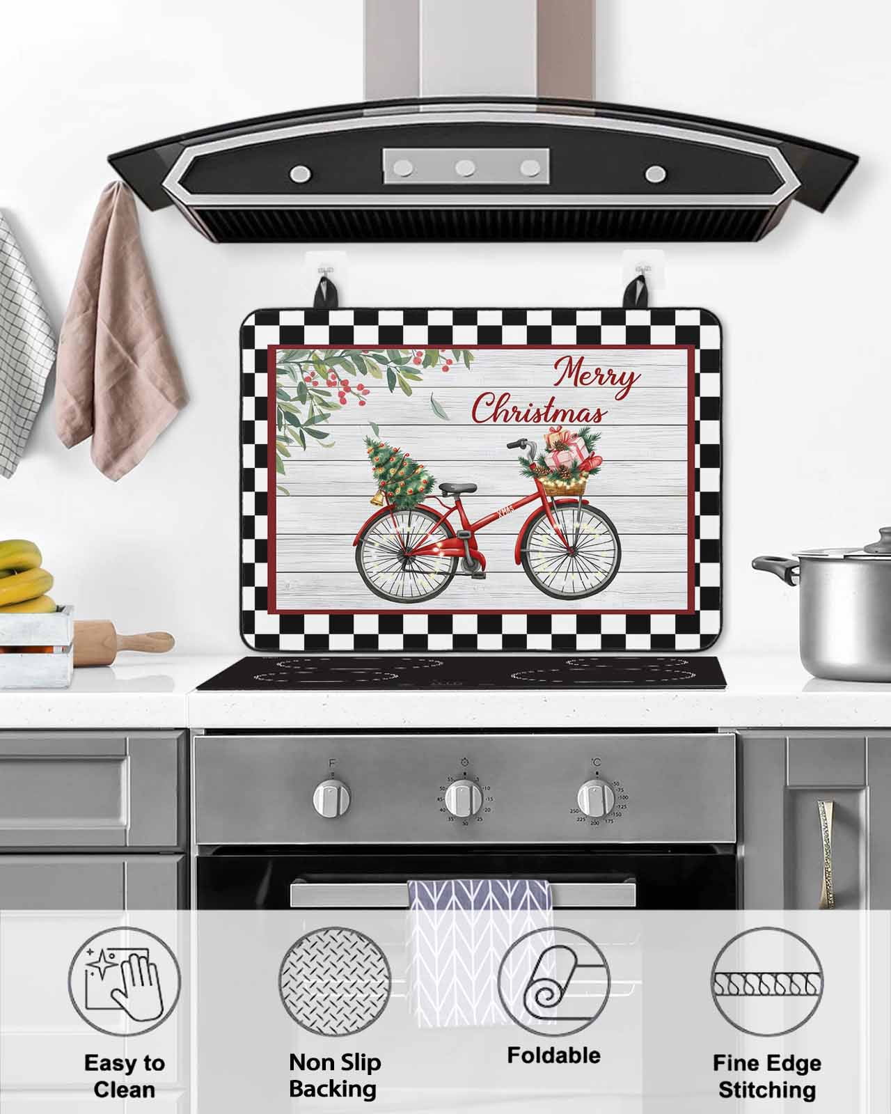 Large Induction Cooktop Protector Mat Christmas Stove Top Covers for Electric Stove, Winter Xmas Tree Farmhouse Wooden Grain Plaid Decorative Stove Burner Cover Mats, Glass Top Stove Cover