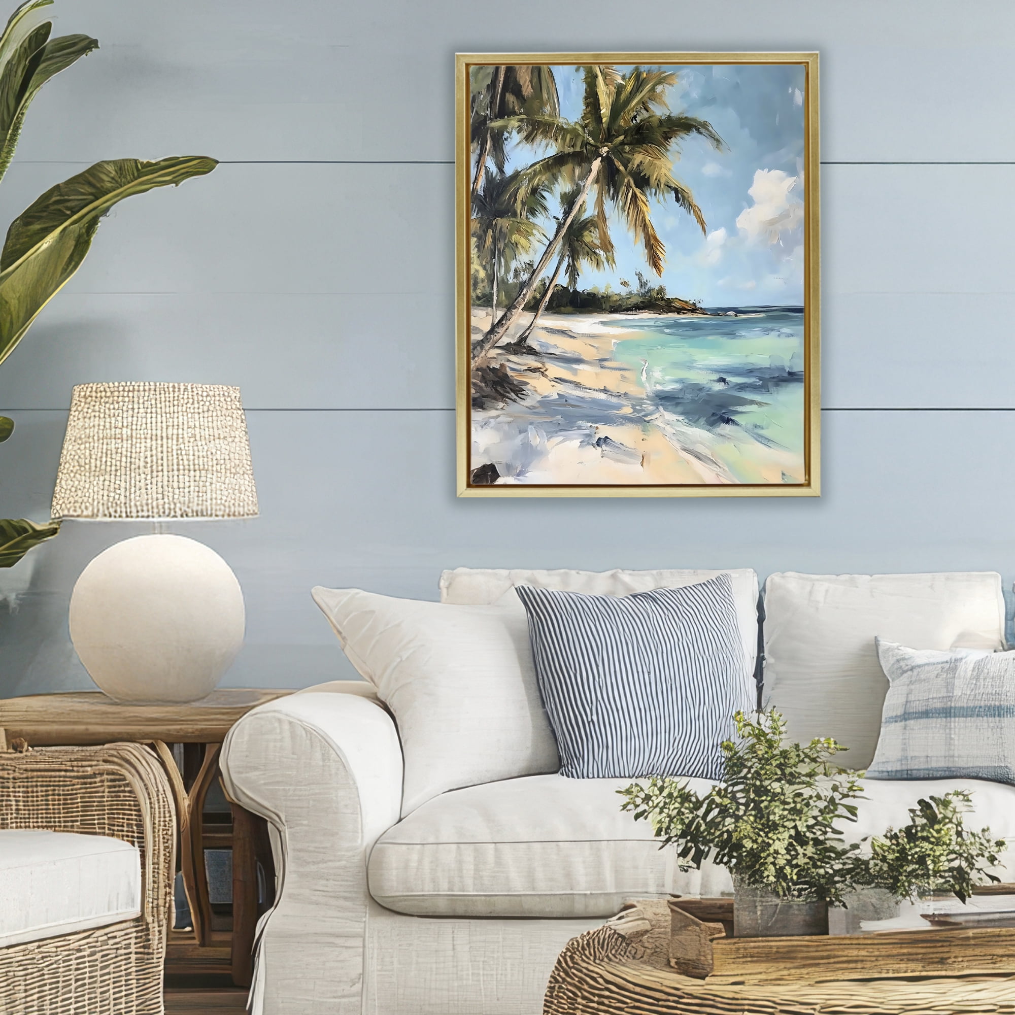 Stupell Industries Tropical Coastline Palm Frond Shadows Gold Framed Floater Canvas Wall Art, design by Franklyn Gregory