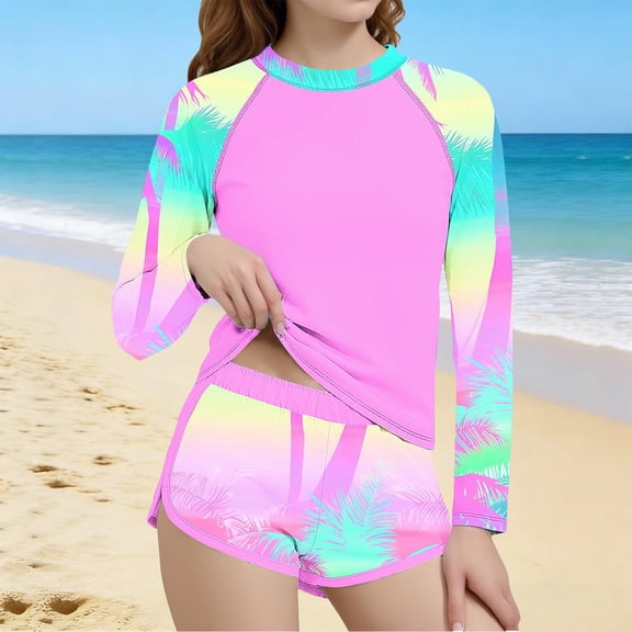 ATOGUTA Girl's 2 Piece Swimsuit Summer Beach Bathing Suit Long Sleeve Rash Guard Sets for Kids Child Size 6-15, Multicolor