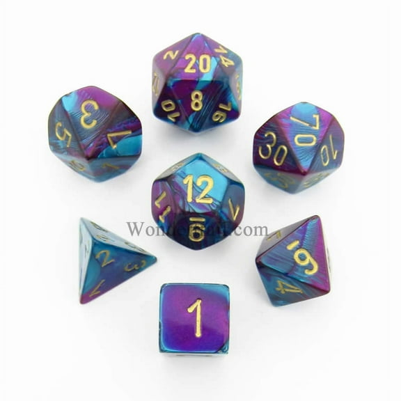 Purple and Teal Gemini Dice with Gold Numbers 7 Dice Set 16mm (5/8in) Chessex