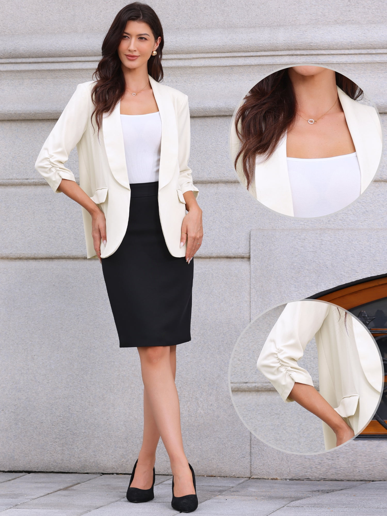 DARING DIVA Women's Ruched 3/4 Sleeve Shawl Collar Dressy Suit Jacket S Cream White