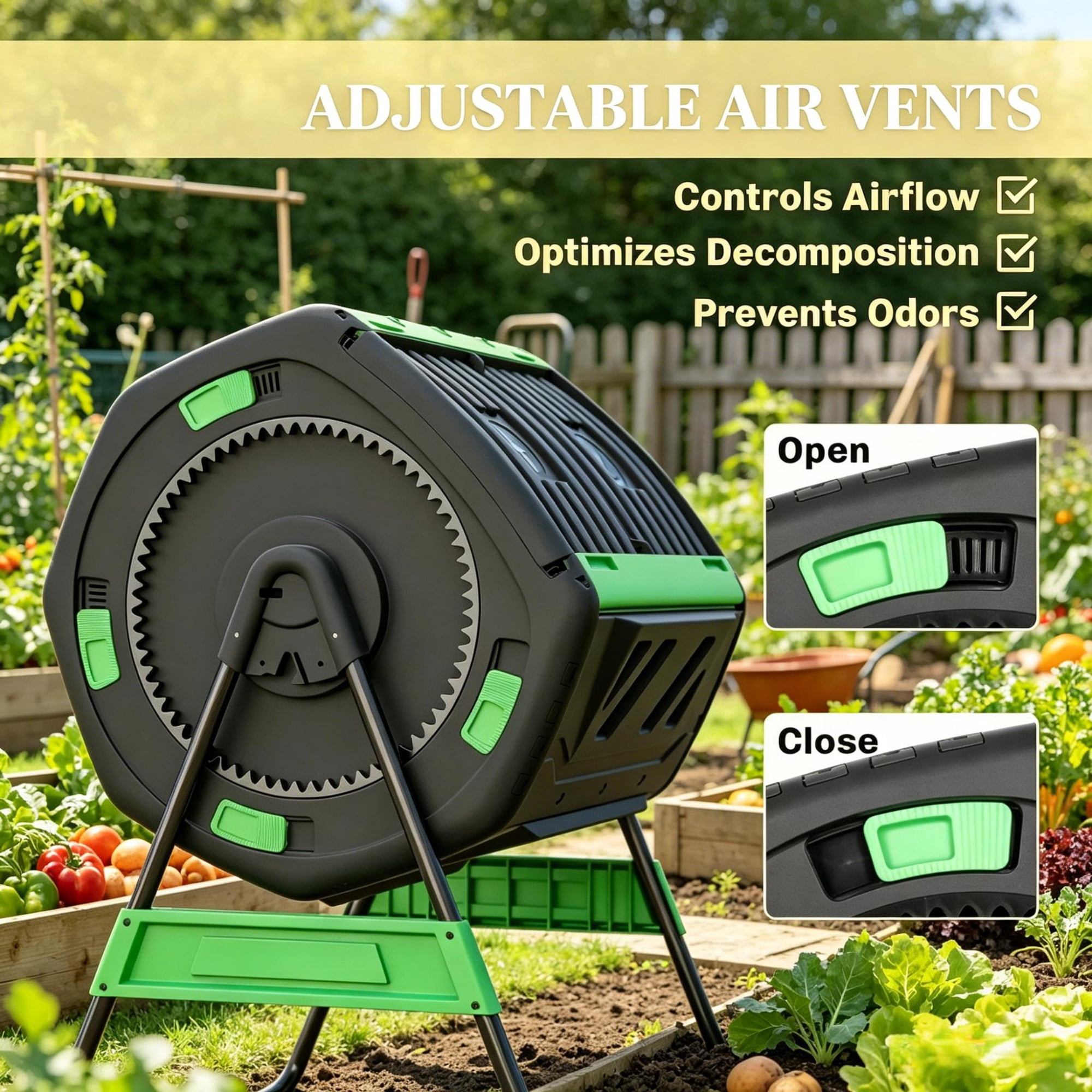 Dual Chamber Rotating Compost Tumbler with Elevated Metal Base, 360° Rotatable BPA-Free Compost Bin with Adjustable Vents for Backyard Garden