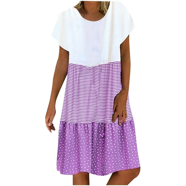 KIHOUT Robes d'Été pour Femmes, Robe Décontractée Ample à Rayures Patchwork à Col Rond à Manches Courtes pour Dames Mode Violet P