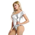 thumbnail image 3 of Yartina Women's Ballet Dance Gymnastic Leotard Shinny Metallic Leather Short Sleeve Bodysuit Gym Wear Silver L, 3 of 7