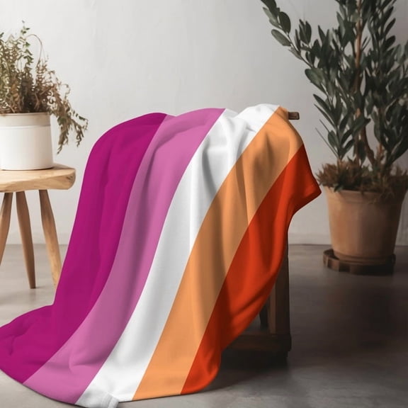 1pc Community Lesbian Ultra-Soft Flannel Throw Blanket - Contemporary Striped Design in Pink, White, Orange & Purple