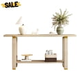 thumbnail image 2 of GZXS 63" Minimalist Console Table with Bottom Shelf, 2-Tier Entryway Sofa Table for Hallway, Living Room, Foyer, Corridor – Solid Pine Legs, MDF Top, Gold Metal Accents (Natural), 2 of 10