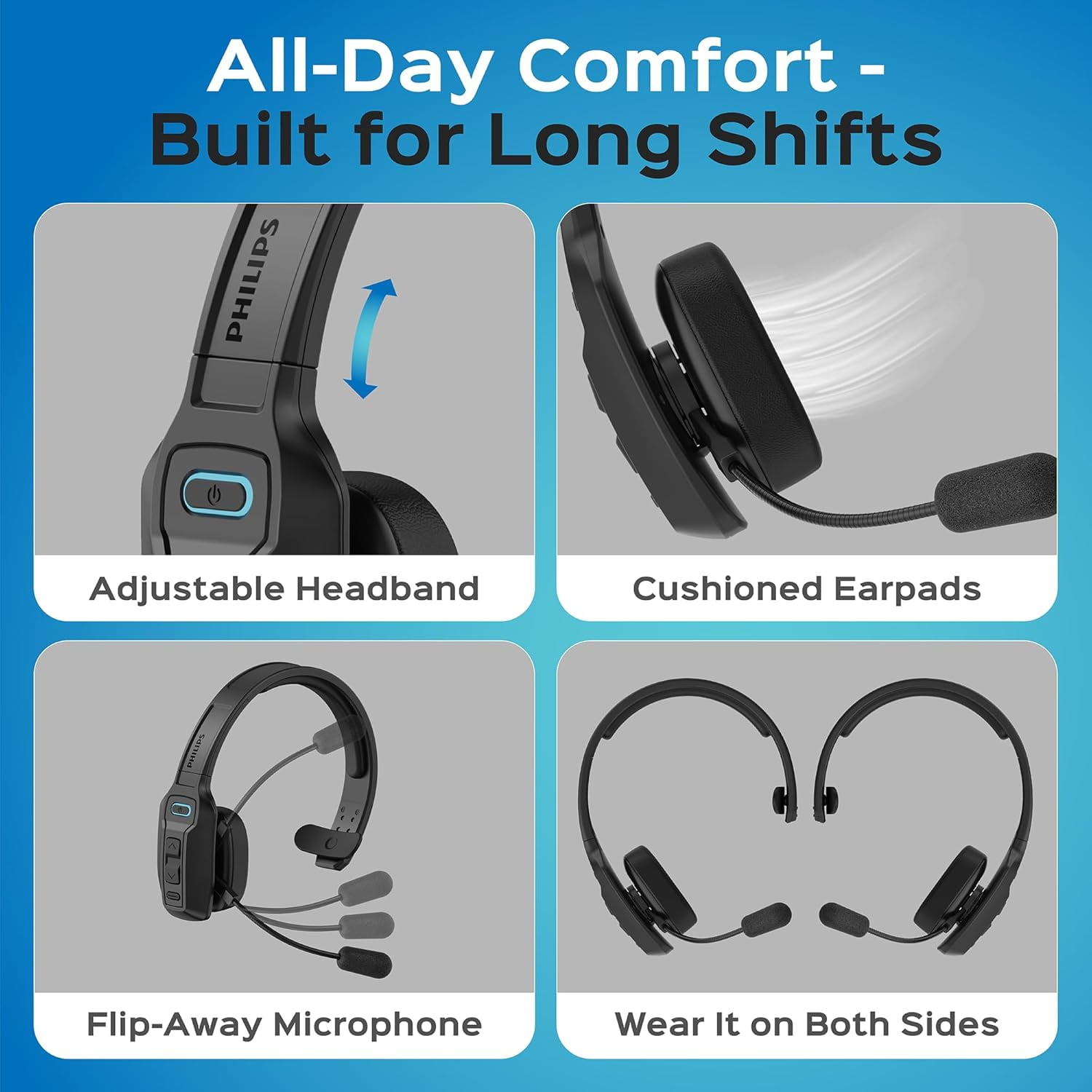 Philips Bluetooth Trucker Headset, Wireless Mono Headset with Noise-Cancelling Mic & Mute Button