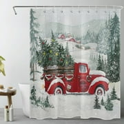 HVEST Christmas Shower Curtain, Retro Farmhouse Red Truck and Christmas tree in Snow Bathroom Shower Curtain Polyester Fabric Decor Curtain with Hooks, 60X72 inch