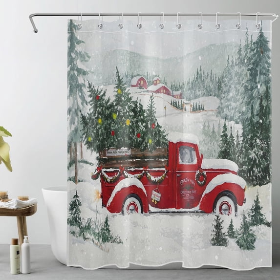 HVEST Christmas Shower Curtain, Retro Farmhouse Red Truck and Christmas tree in Snow Bathroom Shower Curtain Polyester Fabric Decor Curtain with Hooks, 60X72 inch