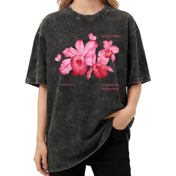 Giffimy Women Pink Orchid Aesthetic Graphic Vintage Washed T-Shirt Short Sleeve Black S-2XL