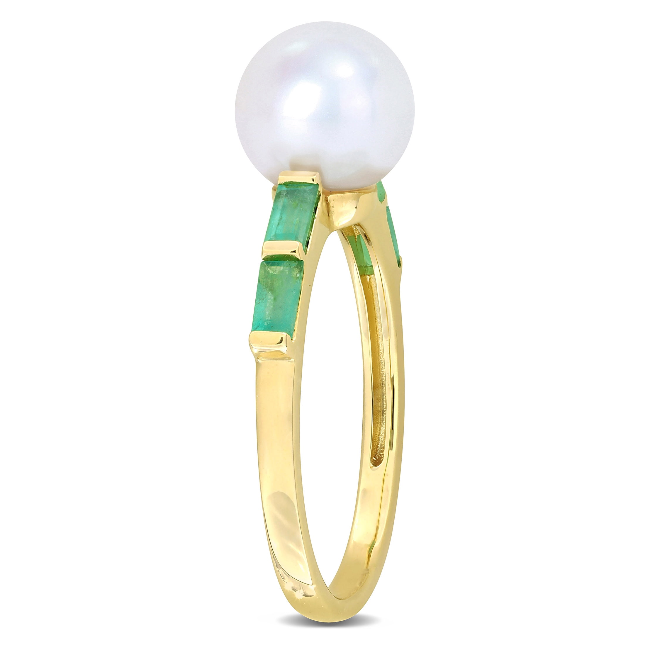 Miabella Women's White Round Freshwater Pearl 1/2 Carat Emerald 10kt Yellow Gold Stackable Ring