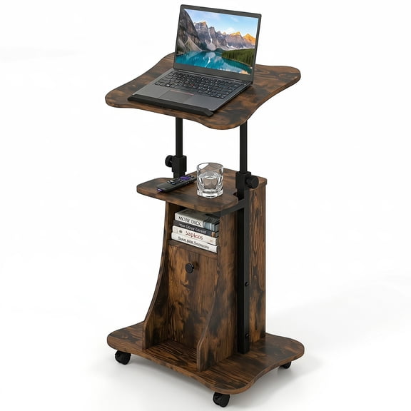 Patiojoy Giantex Rolling Podium Desk with Adjustable Height Sit-to-Stand Laptop Cart, 180° Tilting Top Storage Cabinet Locking Casters Rustic Brown
