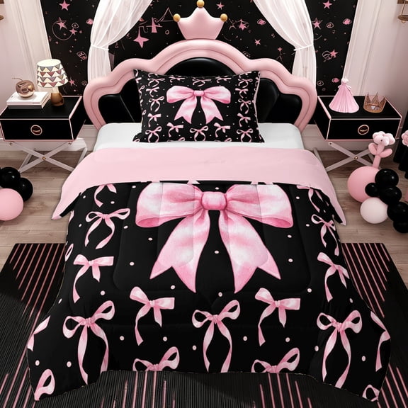 Erosebridal Kids Princess Ribbon Twin Comforter Sets, Butterfly Knot Bedding Set, Black Pink, 2pcs